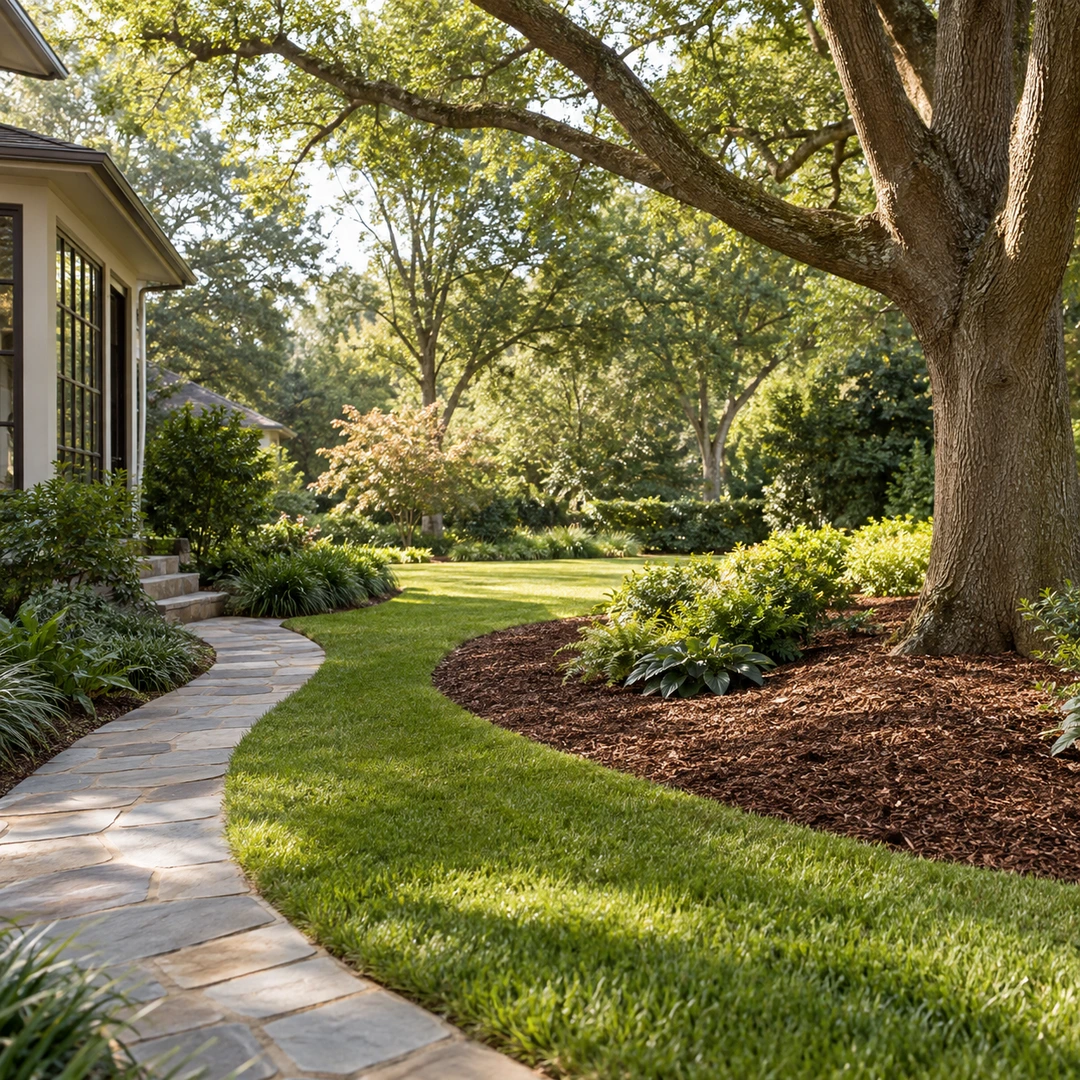 improved lawn access beside a mature retained tree with root area protected by broad mulch bed