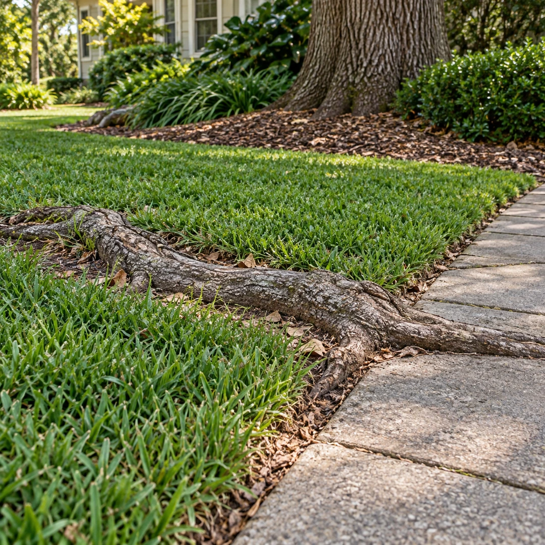 close exposed woody root crossing mower route beside lawn and paved walkway with retained tree beyond