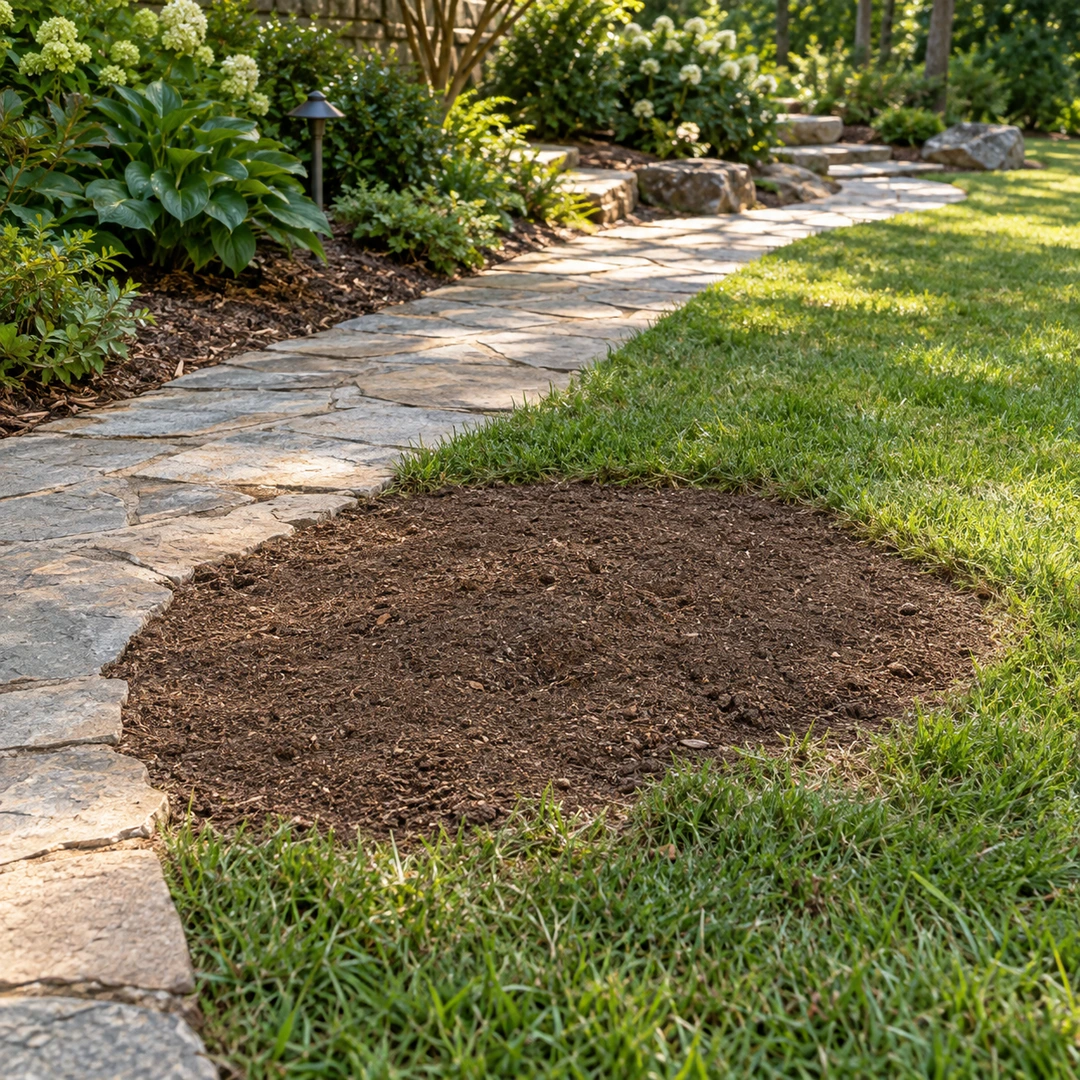 level filled soil patch where stump was ground beside garden path, tidy grass edges