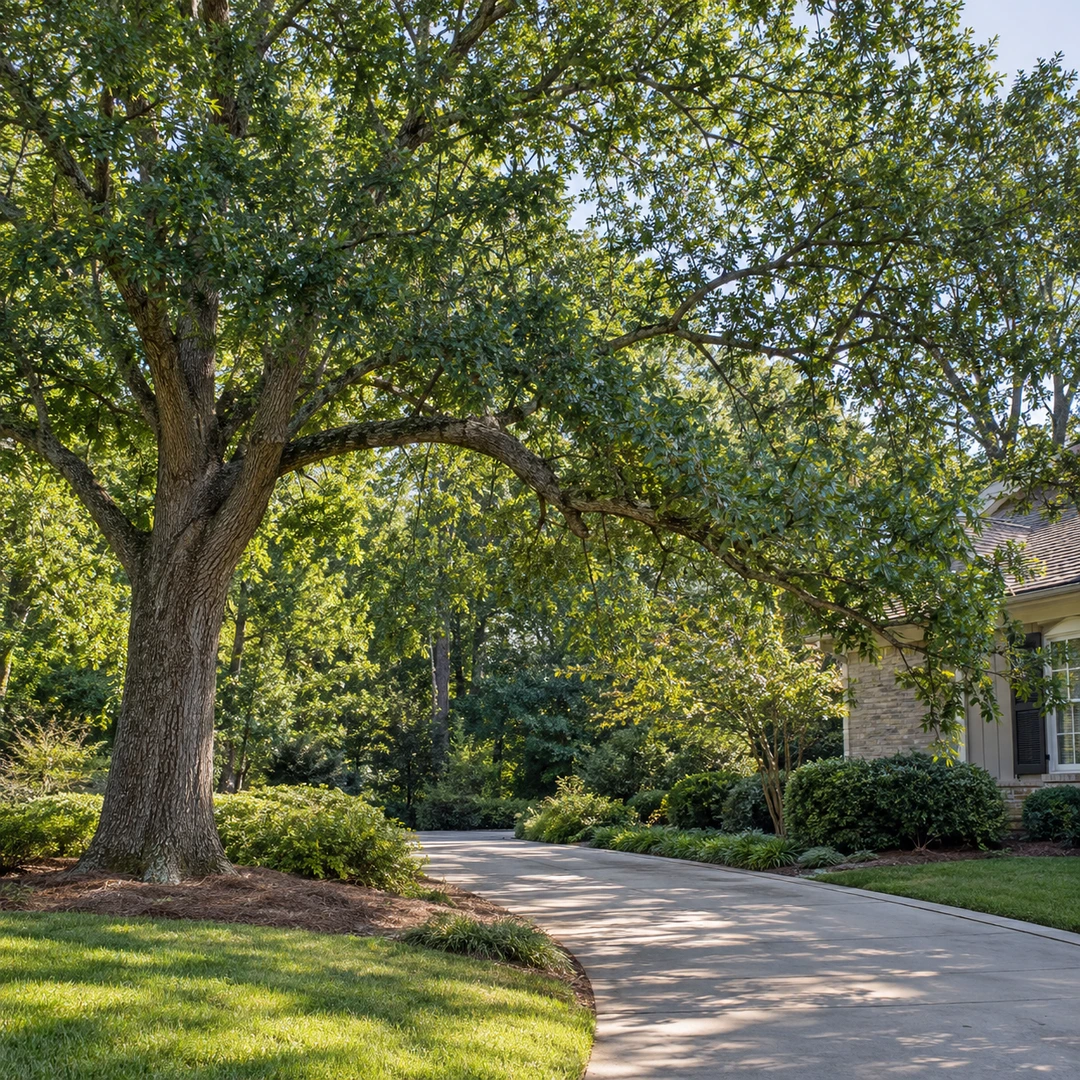 single mature Georgia tree with selected large branch extending toward driveway and other natural canopy retained