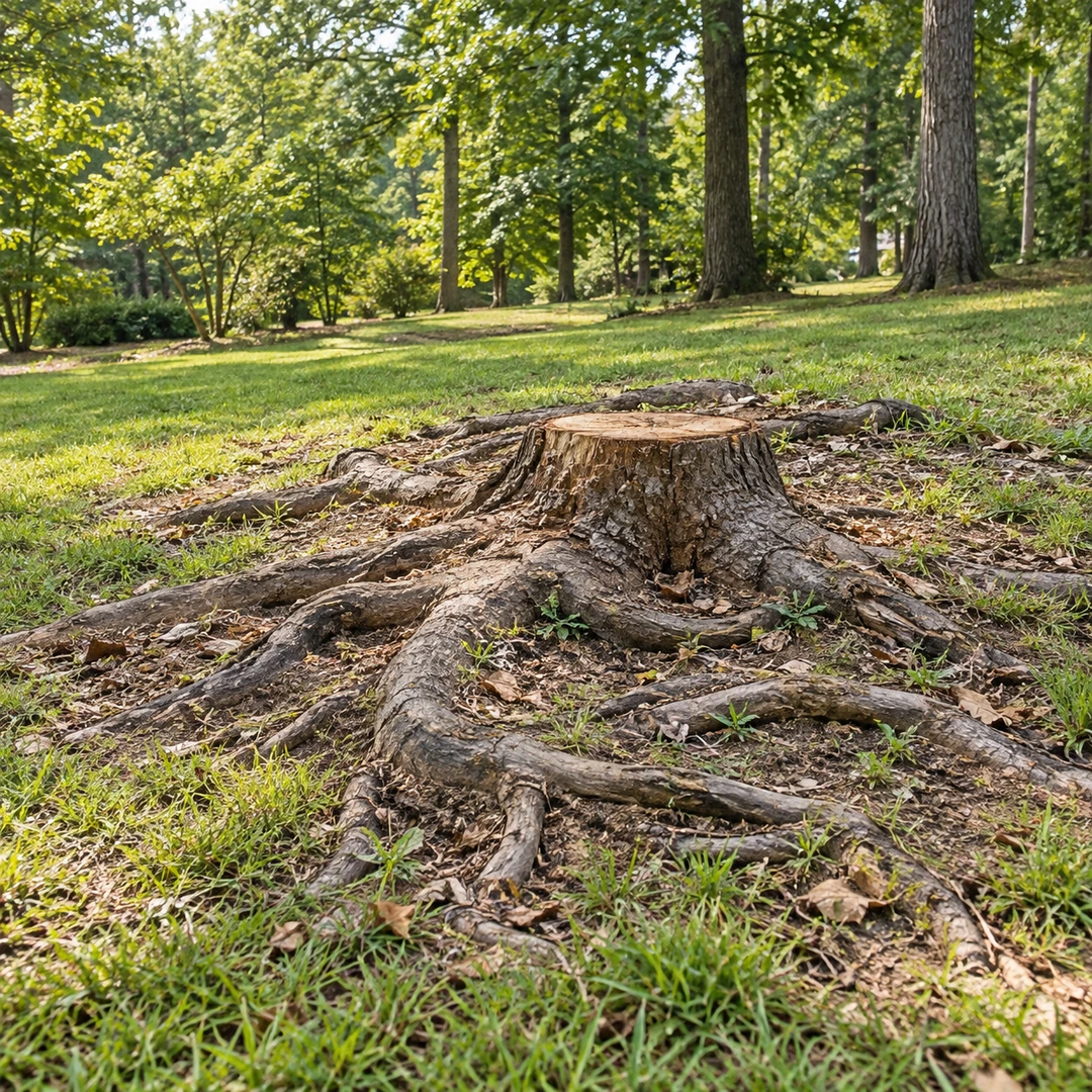 exposed woody surface roots around removed stump in grass, living trees visible far behind