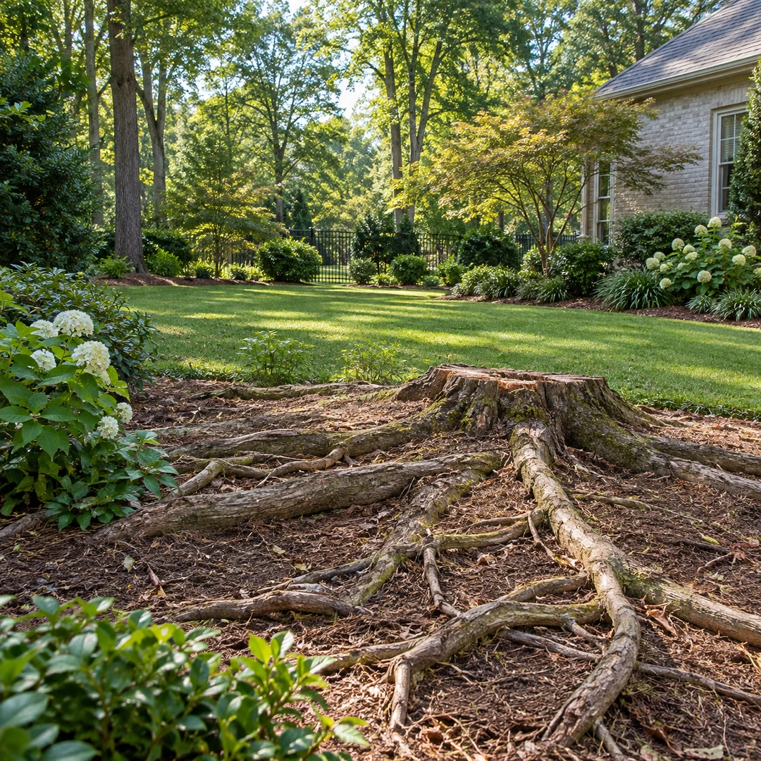 wide yard showing exposed roots near former stump and unobstructed access around garden