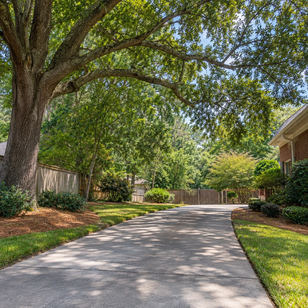 wide suburban Georgia yard with mature tree branch extending above driveway showing access and fence boundaries