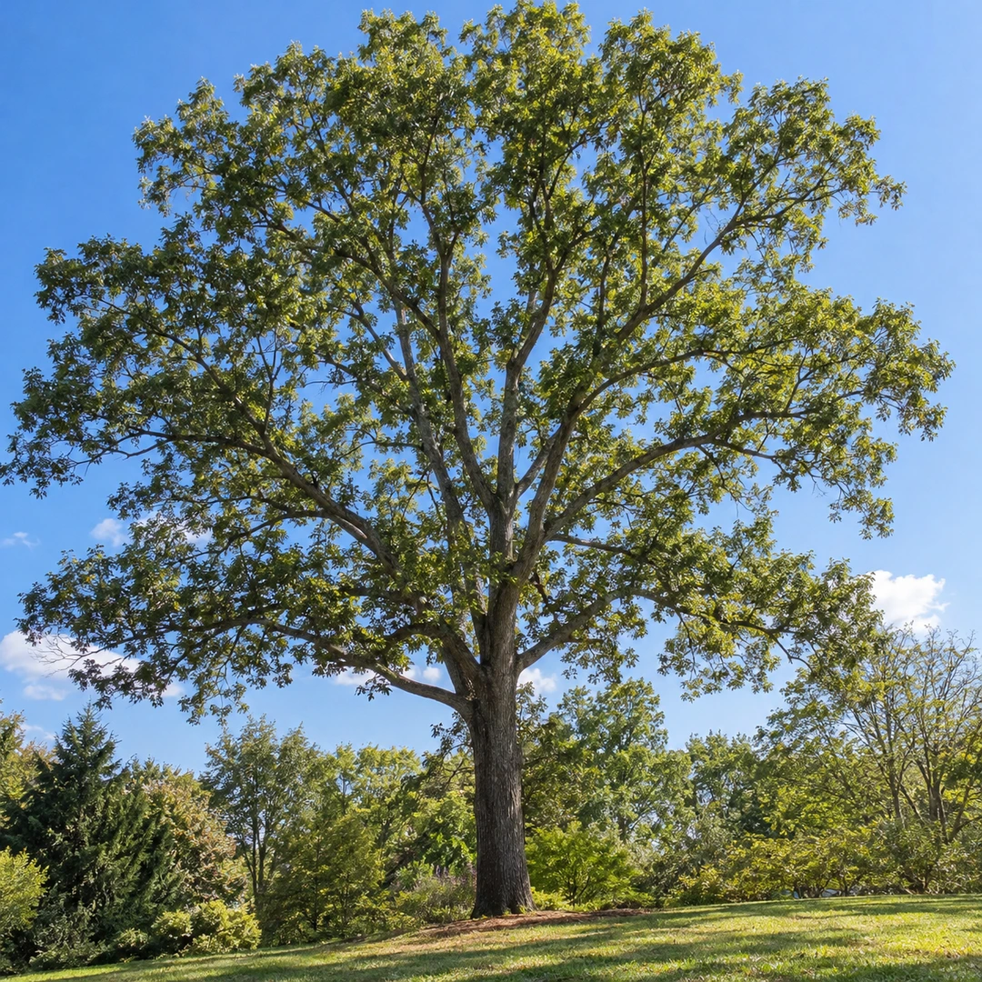 mature deciduous tree with lightly thinned airy canopy and small natural gaps against blue sky