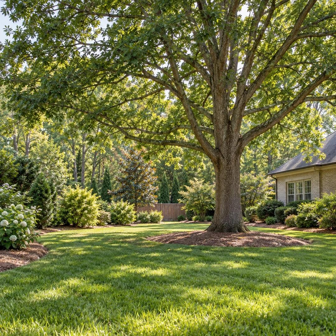 wide Georgia backyard with mature tree and clear access around trunk showing canopy shape