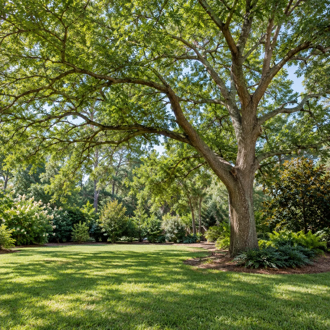 healthy retained mature tree with clean natural branch structure above an open lawn