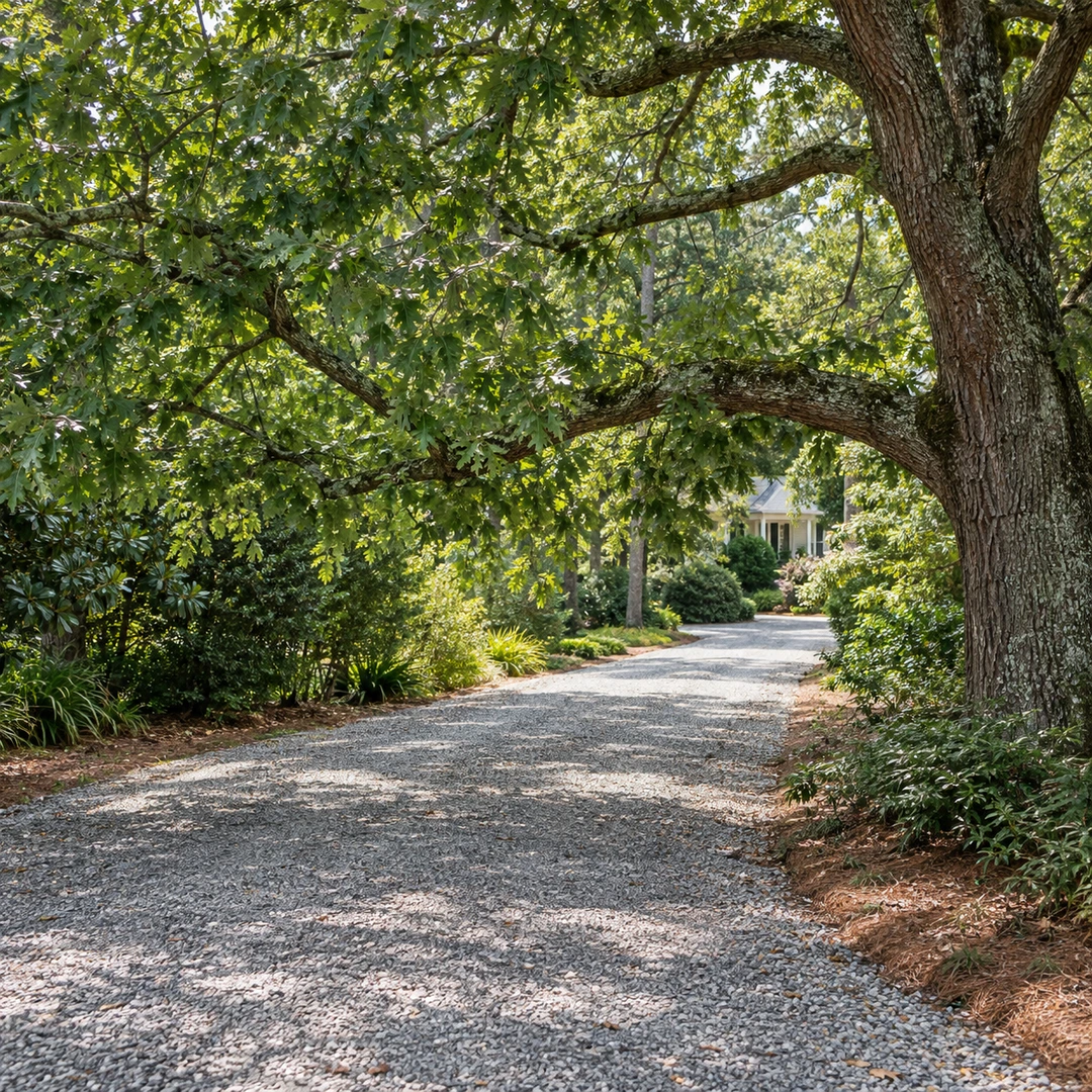 selected low tree limb crowding a gravel driveway with tree trunk and healthy canopy visible