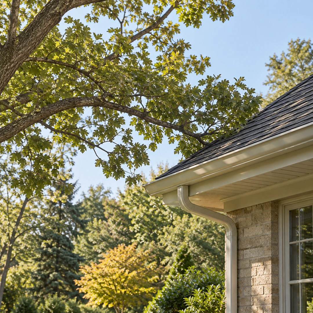 mature leafy branch approaching a house roof edge and gutter viewed safely from lawn