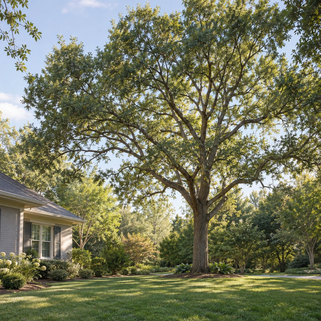 retained large shade tree with balanced airy crown over a suburban lawn