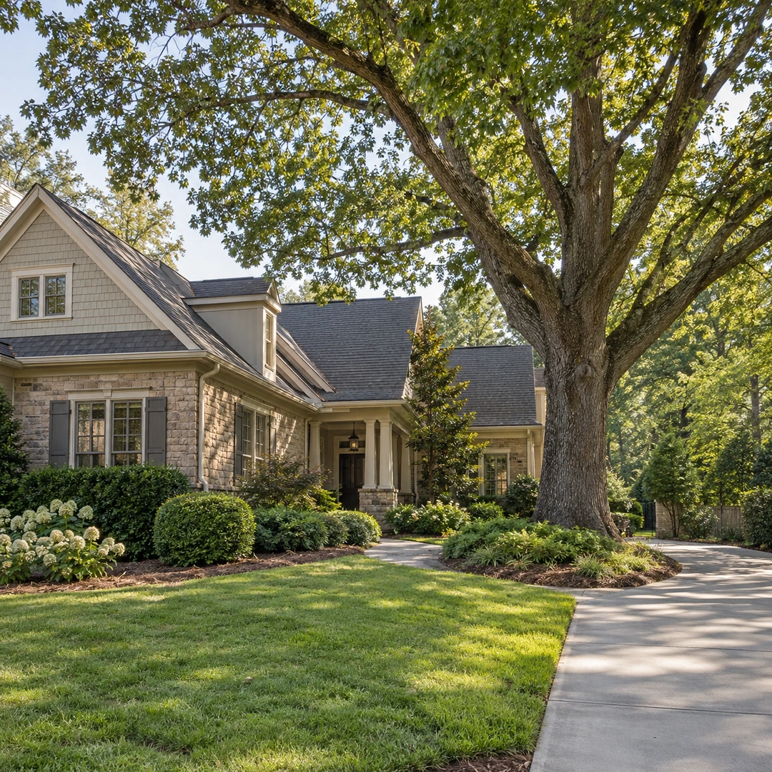 wide Georgia house and yard showing mature tree near roofline and access around tree