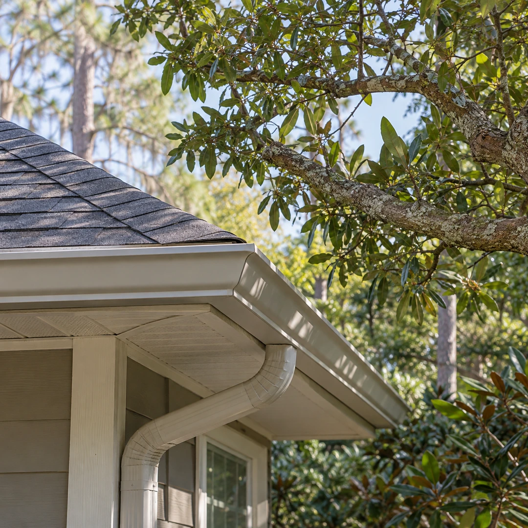 close exterior roofline and gutter with nearby branch showing limited clearance without contact