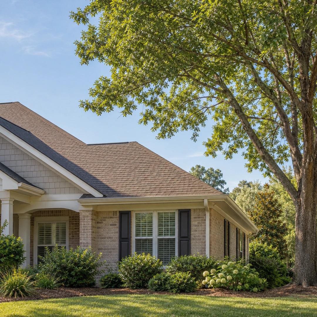 suburban home roof with a healthy tree set back and open space between branches and roof