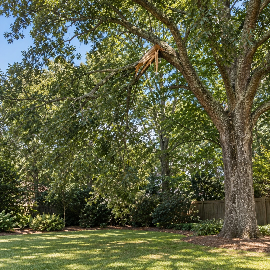 broken branch lodged in a mature tree crown above quiet backyard lawn viewed from a safe distance