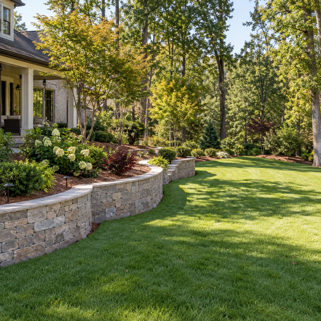 wide Georgia backyard with low landscape retaining wall and clear access around garden edge