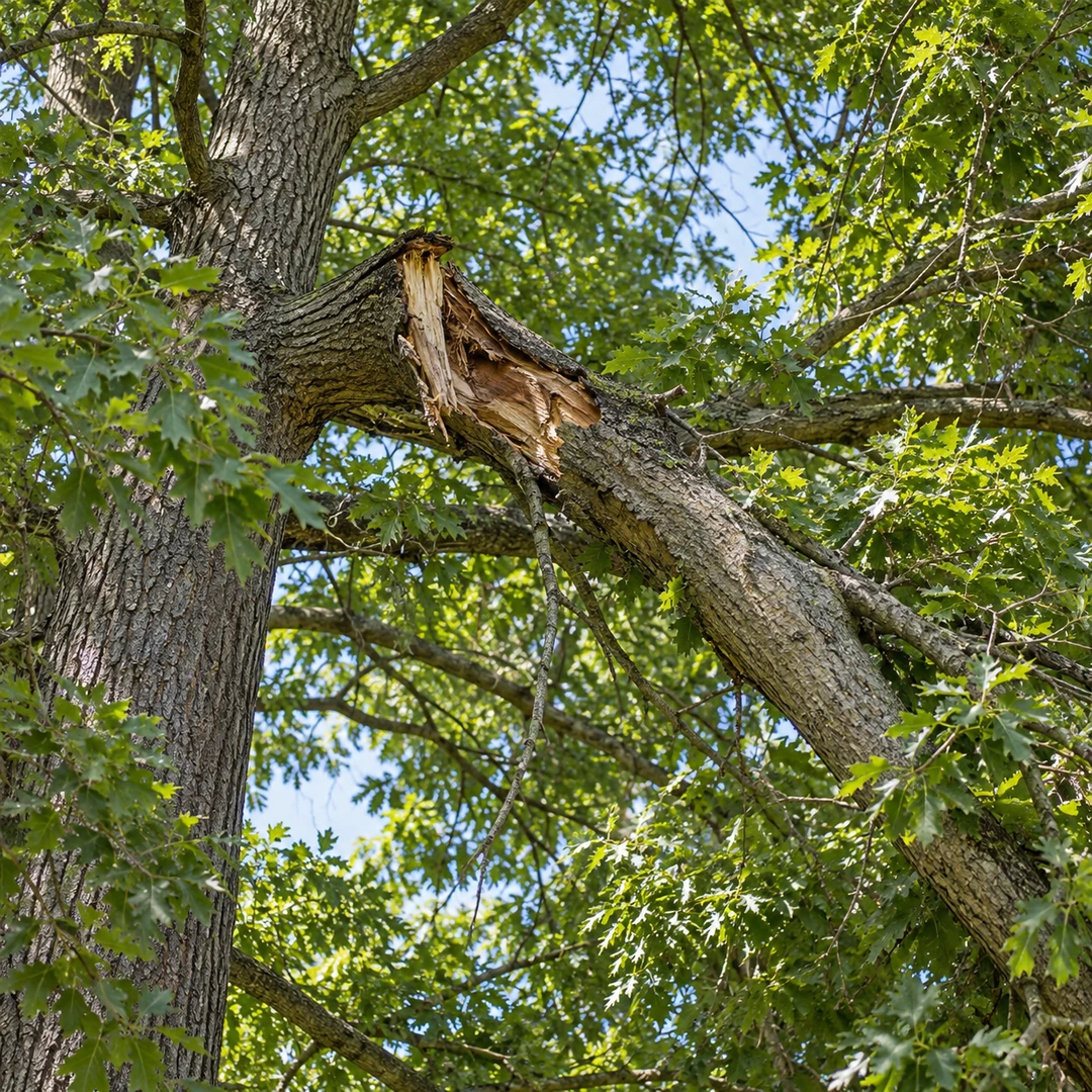 close view of naturally broken hanging tree limb caught in neighboring branches with healthy foliage around it