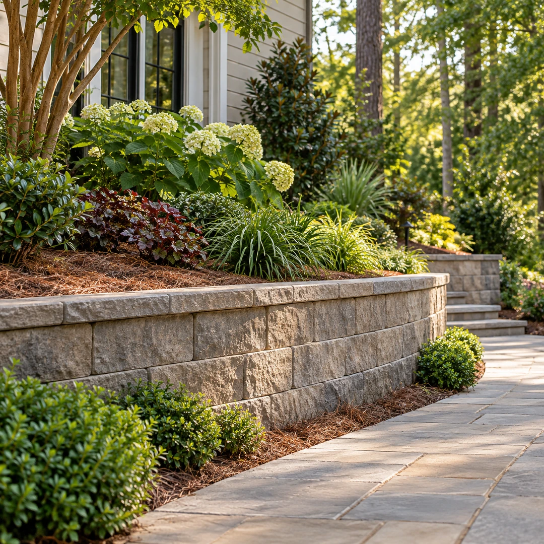 small block retaining wall supporting a raised landscape bed beside a walkway