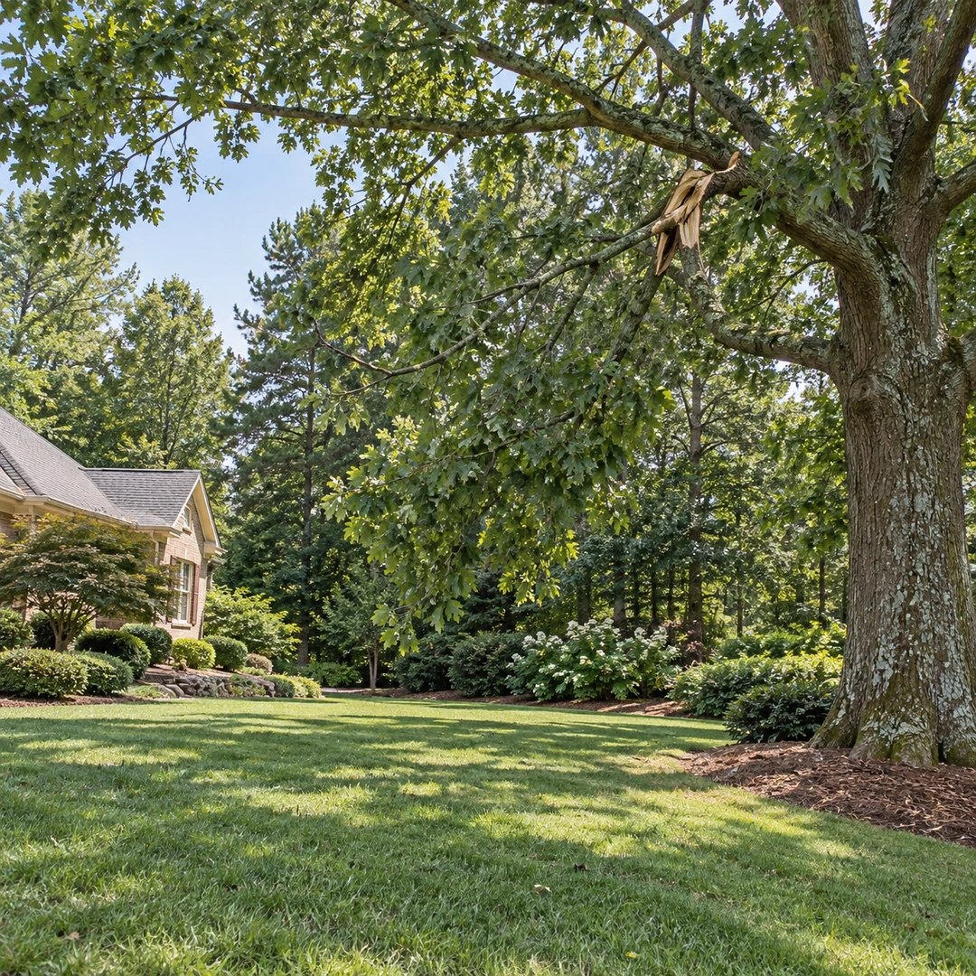 wide suburban Georgia yard with damaged branch hanging in mature tree and open clear area below