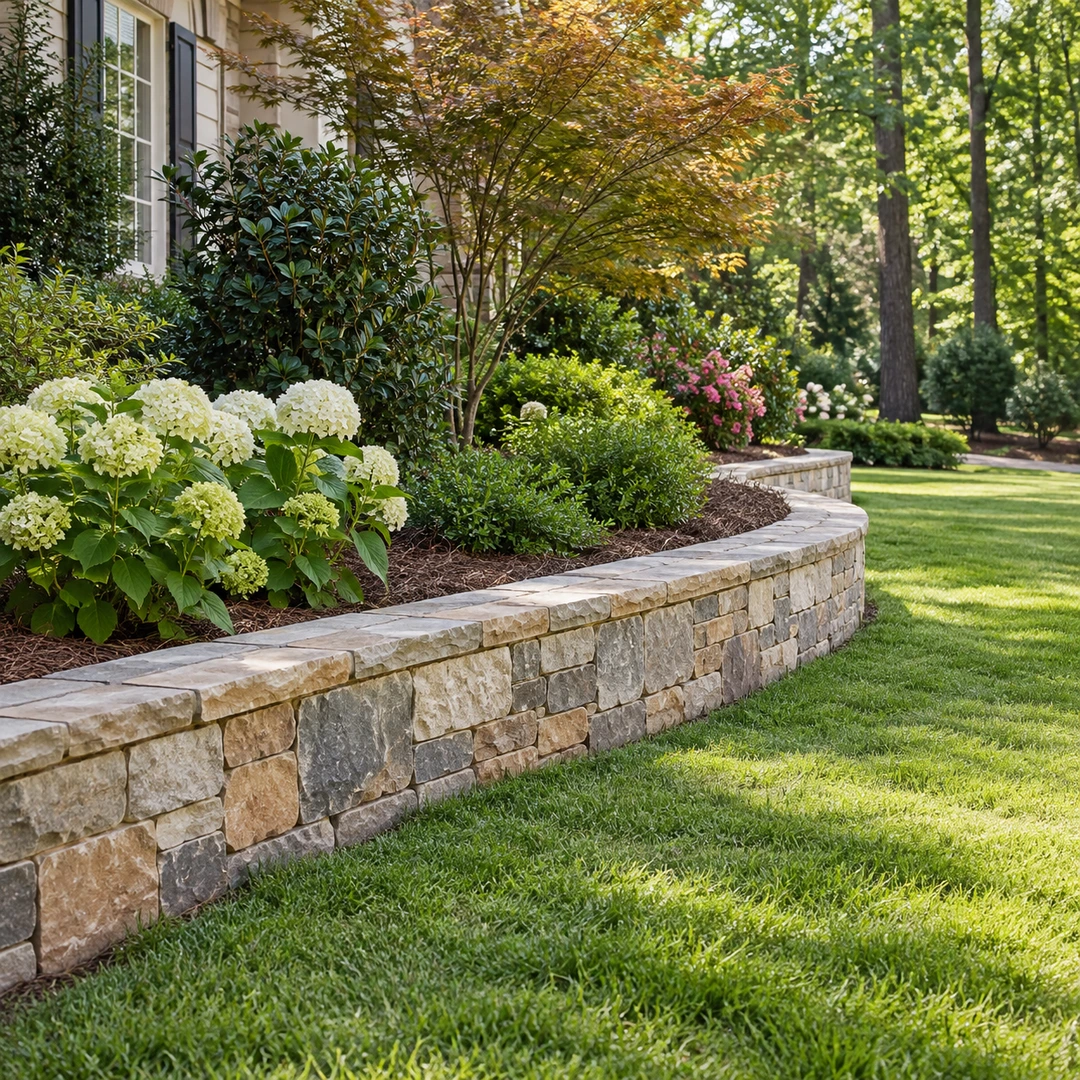 low stone retaining wall defining a raised flower bed beside level lawn in Georgia garden