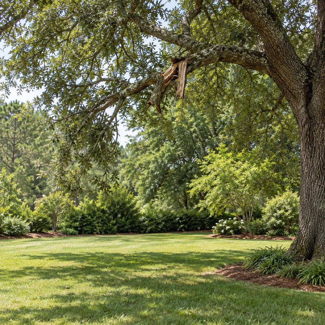 quiet empty lawn beneath tree with visibly damaged branch above, safe distant composition