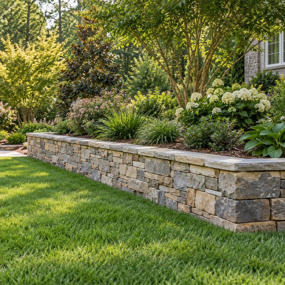 finished low stone garden wall with neatly graded grass below and planted bed above