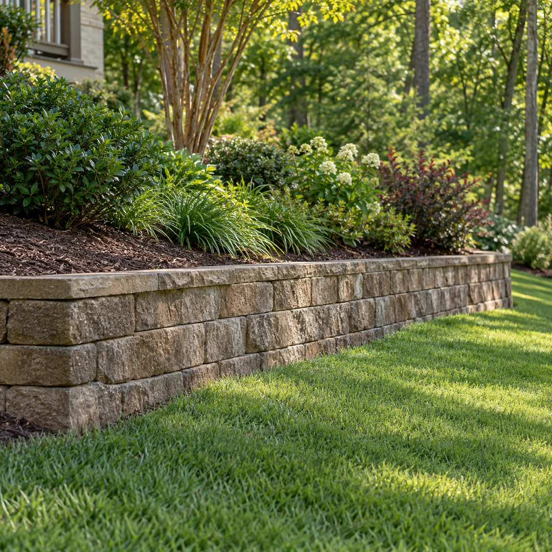 side view of short retaining wall showing planted soil above and lawn below on backyard slope