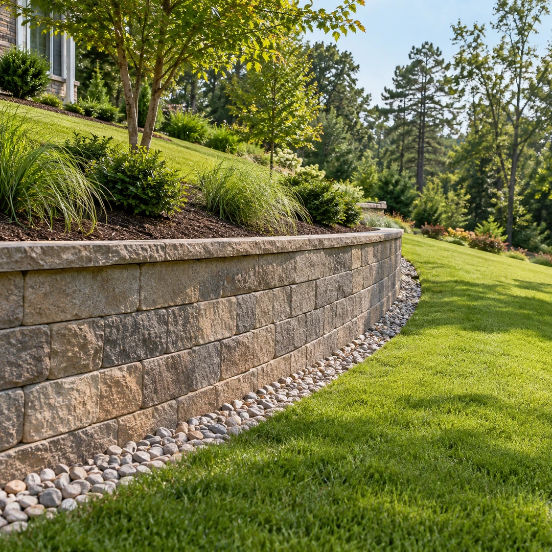 retaining wall on grassy slope with visible gravel drainage strip and clean landscaped surface