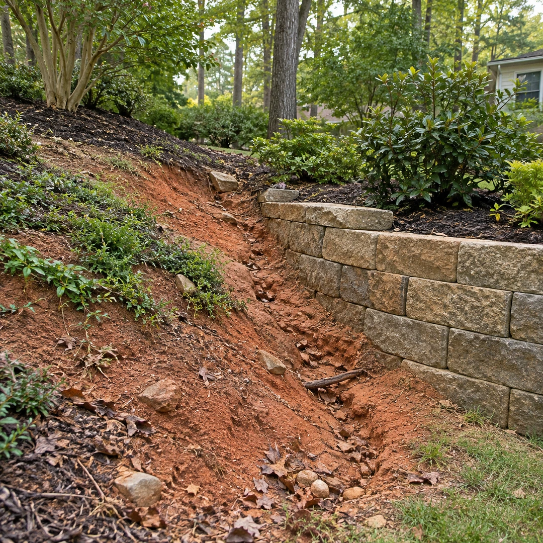 eroded patch of reddish Georgia soil on backyard slope with small runoff channel beside existing landscape wall