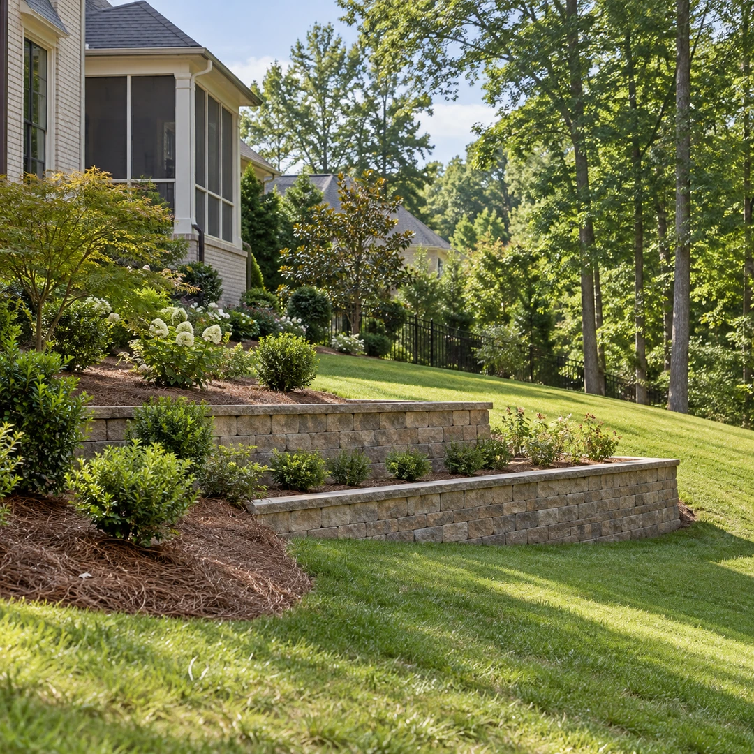 sloped suburban Georgia backyard supported by a modest terraced retaining wall