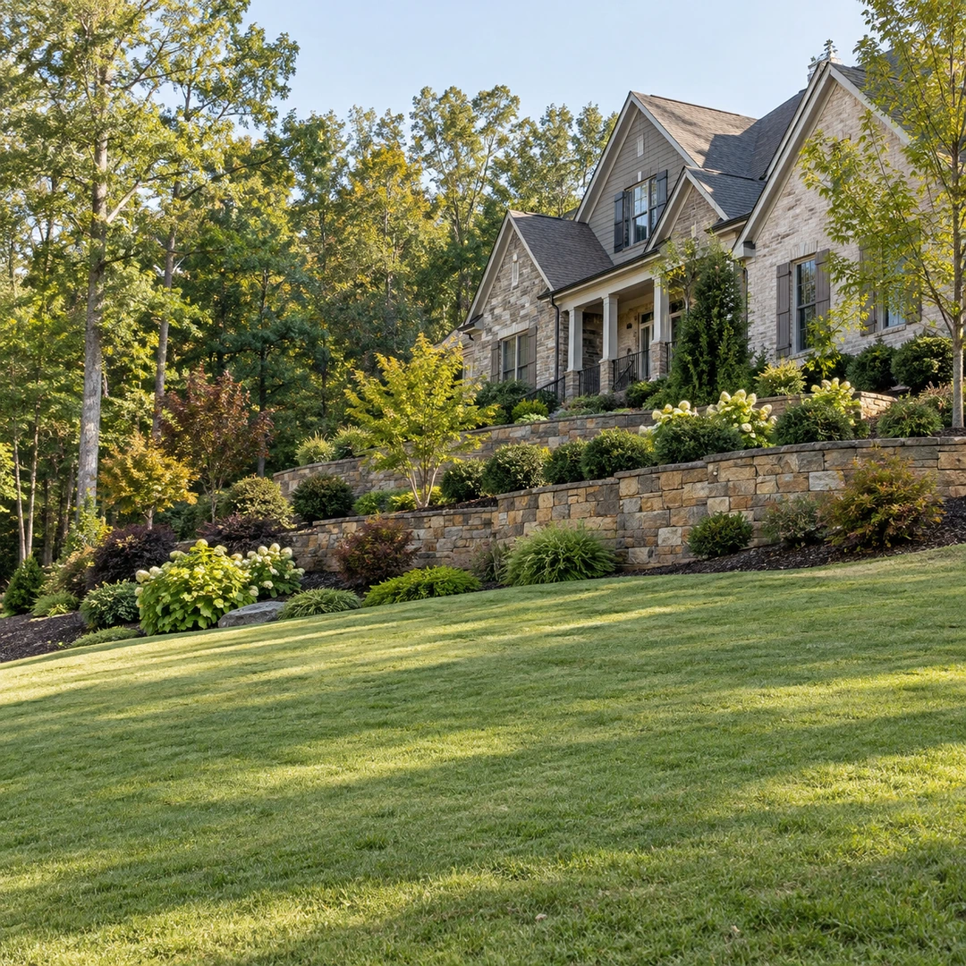 wide sloped Georgia yard with terraced garden wall and house set back above slope