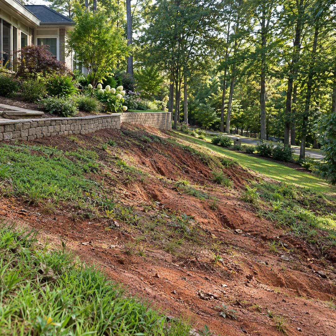 wide sloped Georgia backyard with erosion on reddish soil and low support wall beside garden