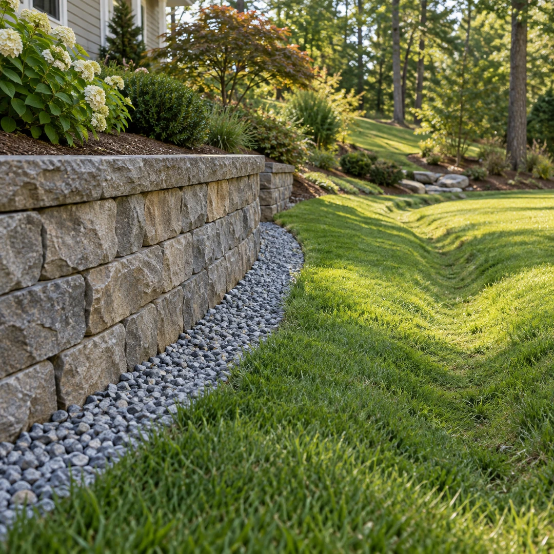 garden retaining wall with visible gravel base and separate shallow grass swale beside it