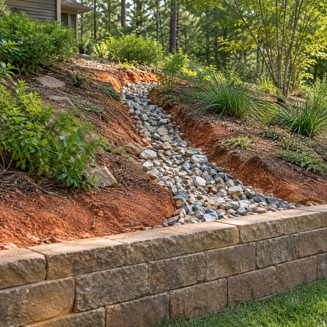 small runoff channel in reddish soil above retaining wall with gravel channel guiding water away