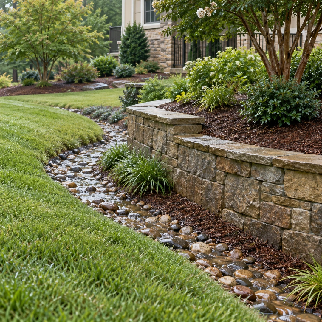 surface drainage swale routing rainwater around low garden retaining wall