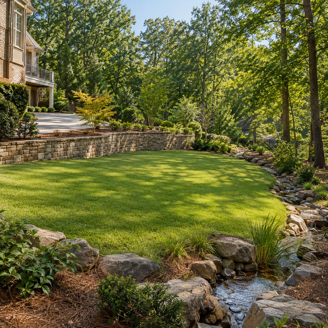 wide suburban Georgia backyard showing wall and natural water route around lawn edge