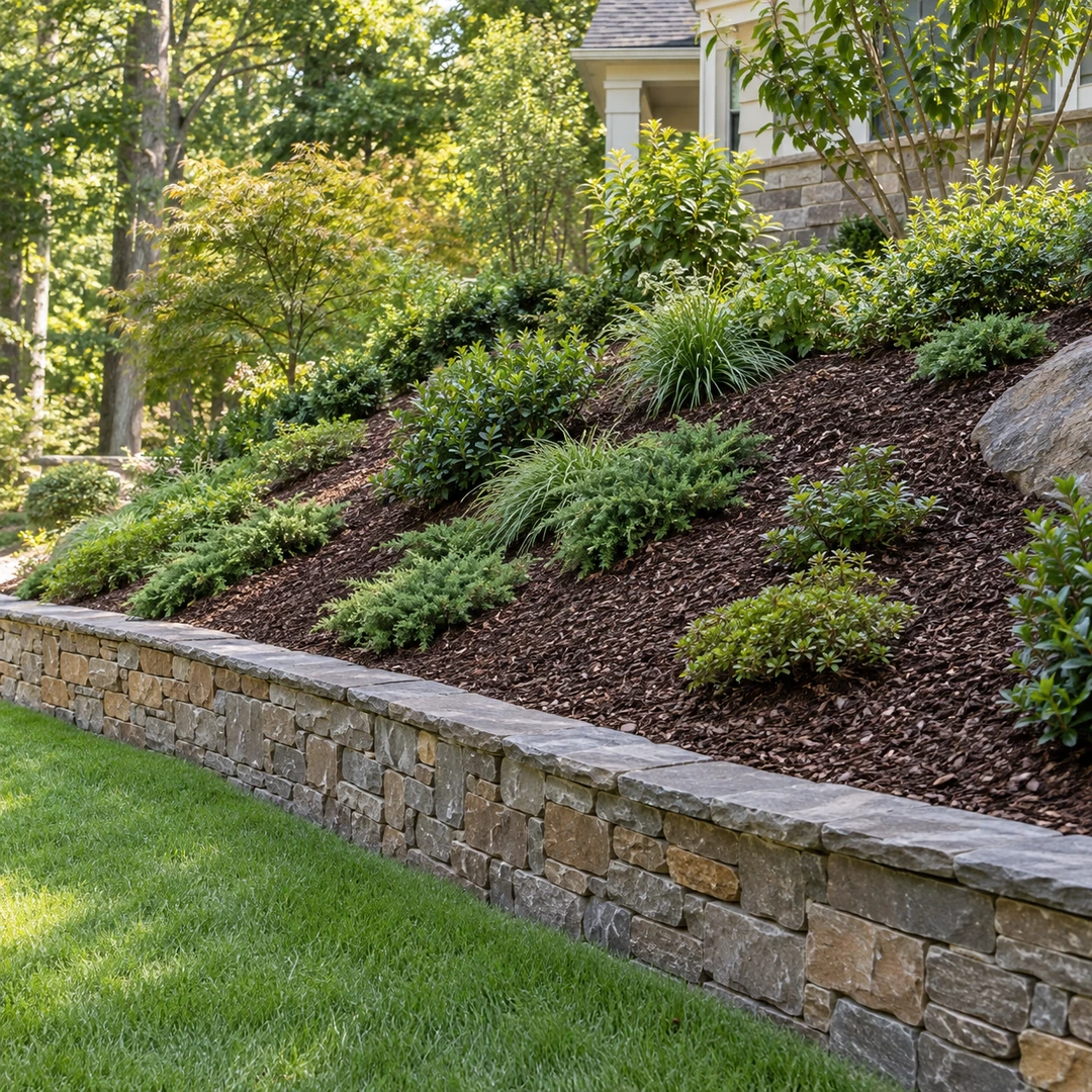 finished sloped garden with mulch and dense low plants protecting soil above short retaining wall