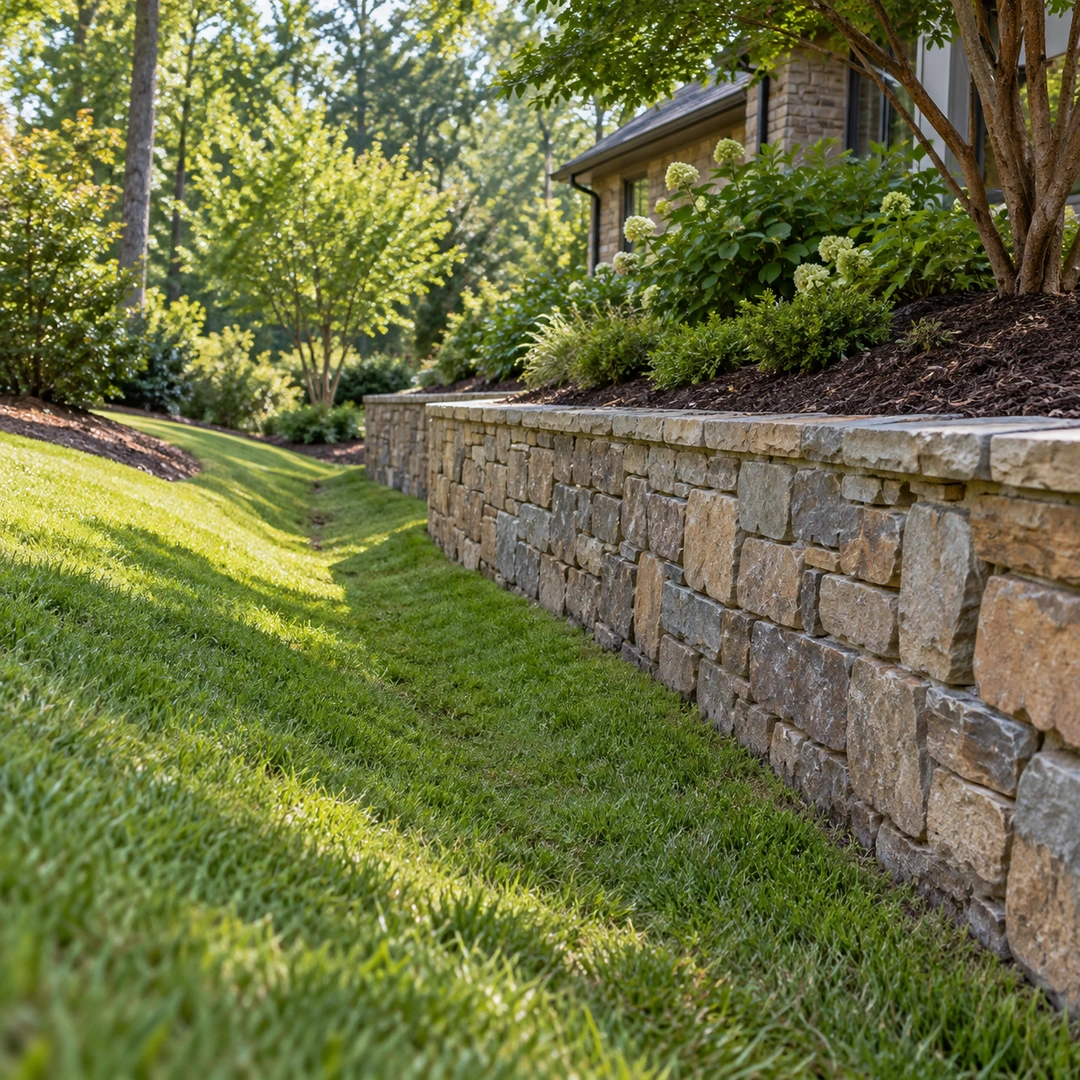 clear shallow grass drainage route beside finished stone wall free of leaves and debris