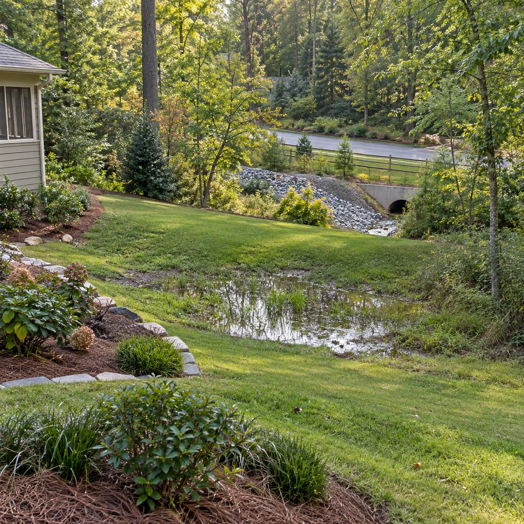 wide backyard showing low wet area and downhill outlet beyond garden