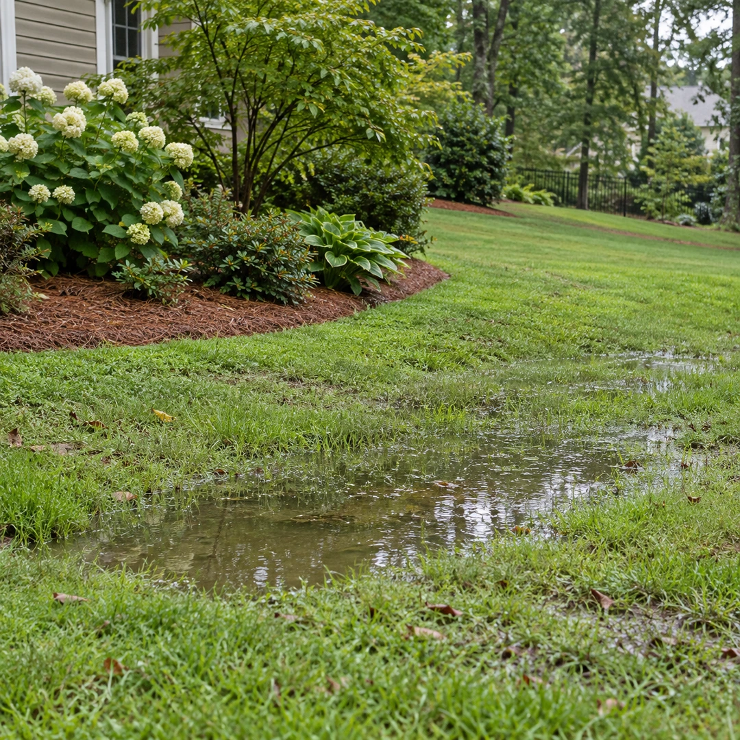 suburban lawn low point with shallow standing rainwater near garden where drainage is needed