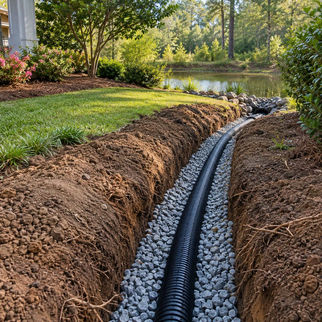 open French drain trench with clean gravel and perforated pipe running toward suitable downhill outlet