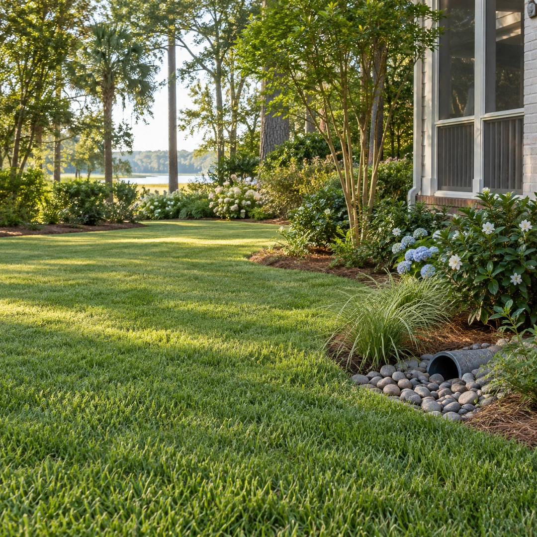 finished lawn over installed French drain with discreet accessible drain outlet near garden