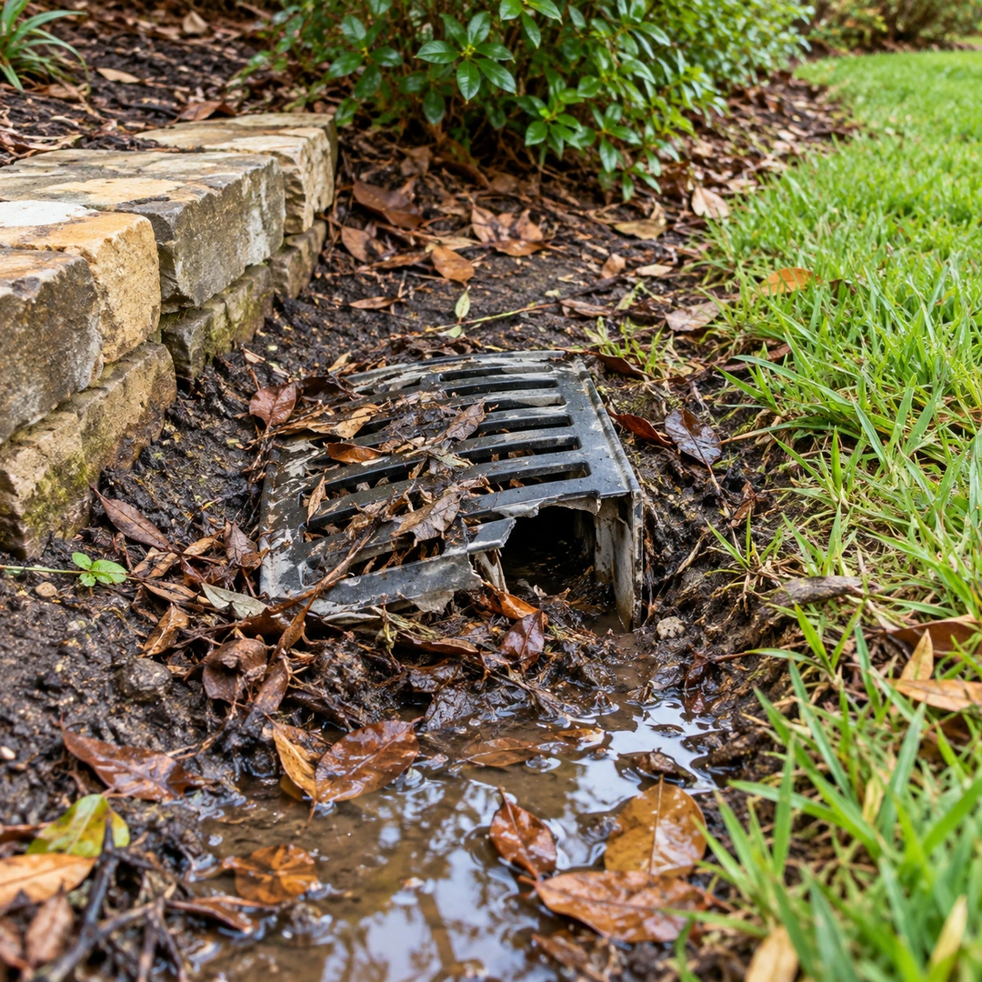 damaged yard drain inlet surrounded by accumulated leaves and wet soil beside lawn