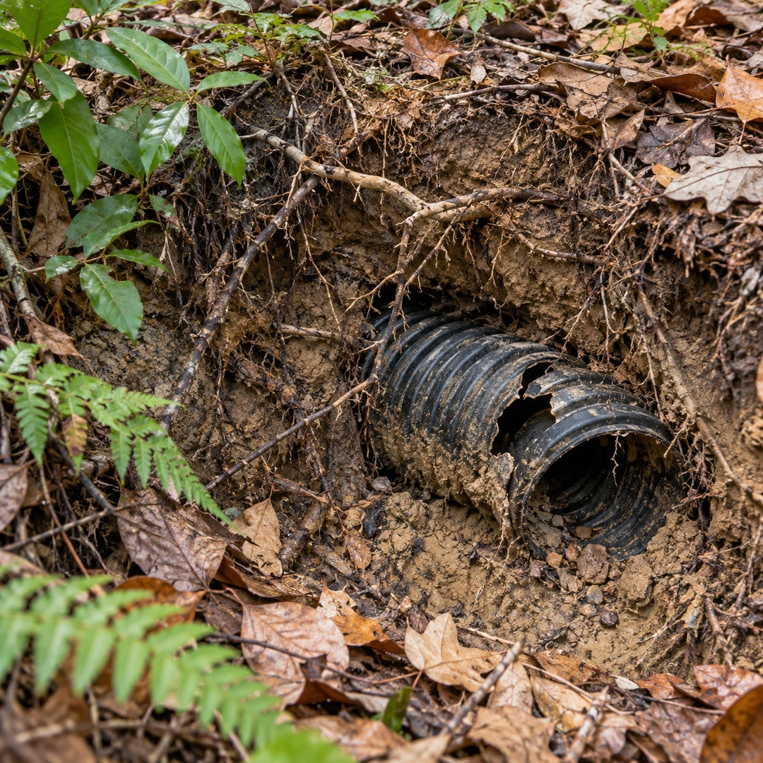 exposed damaged corrugated drain pipe section in small soil opening with roots and leaves nearby