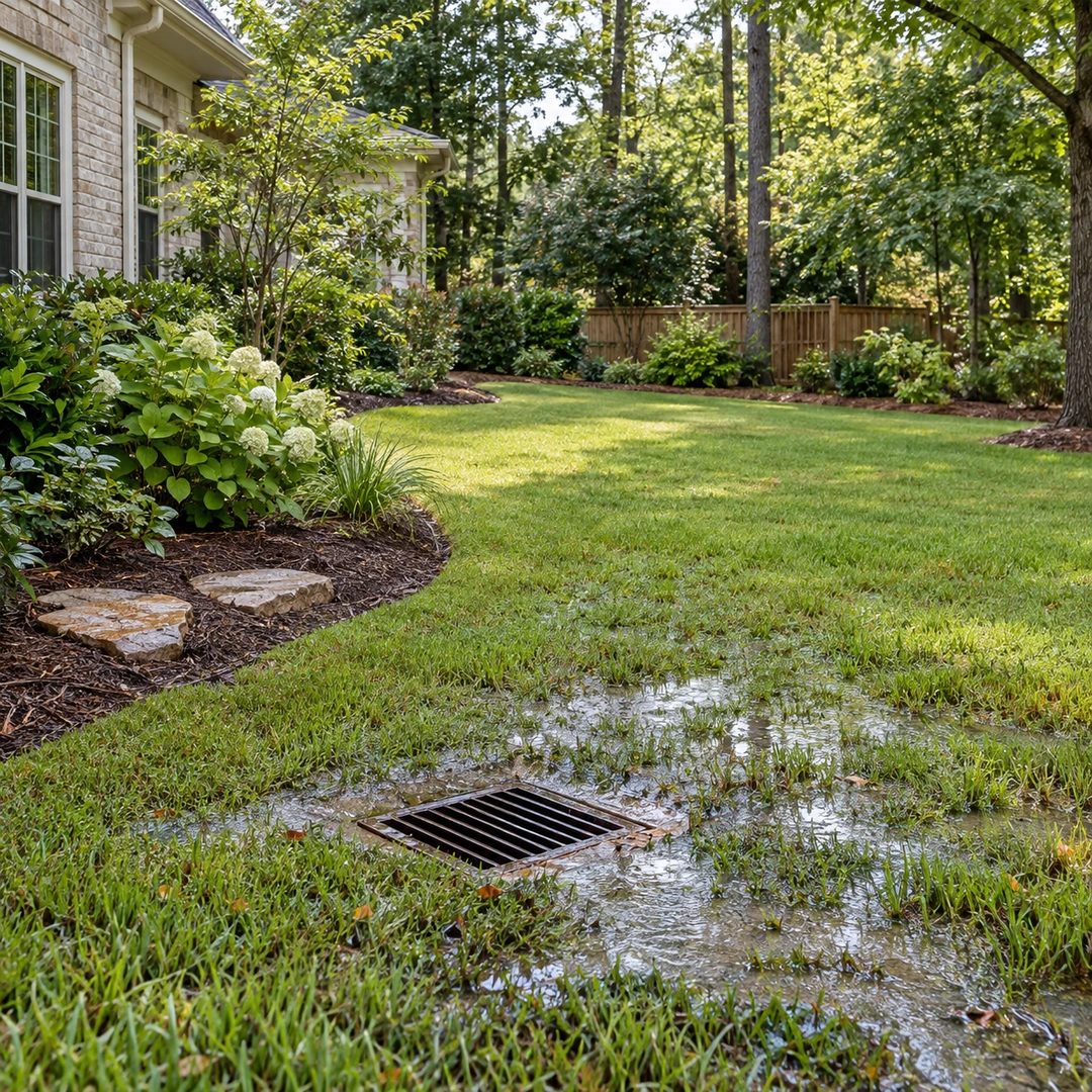 wide Georgia backyard with existing drain inlet in a wet lawn and clear access beside garden