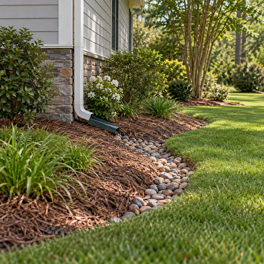 exterior house wall with downspout and shallow surface runoff swale directing water away