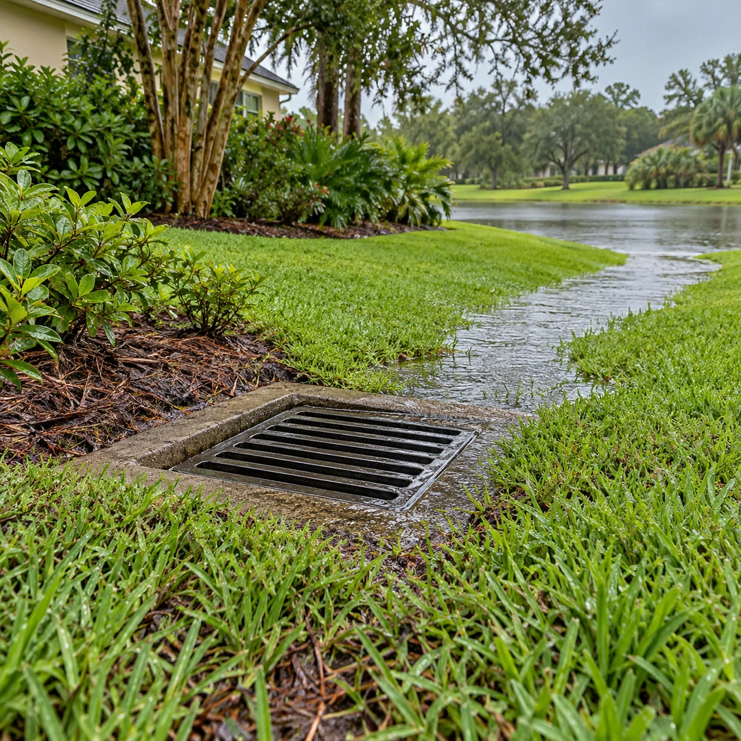 repaired yard drain inlet clear of debris with damp lawn and open water route