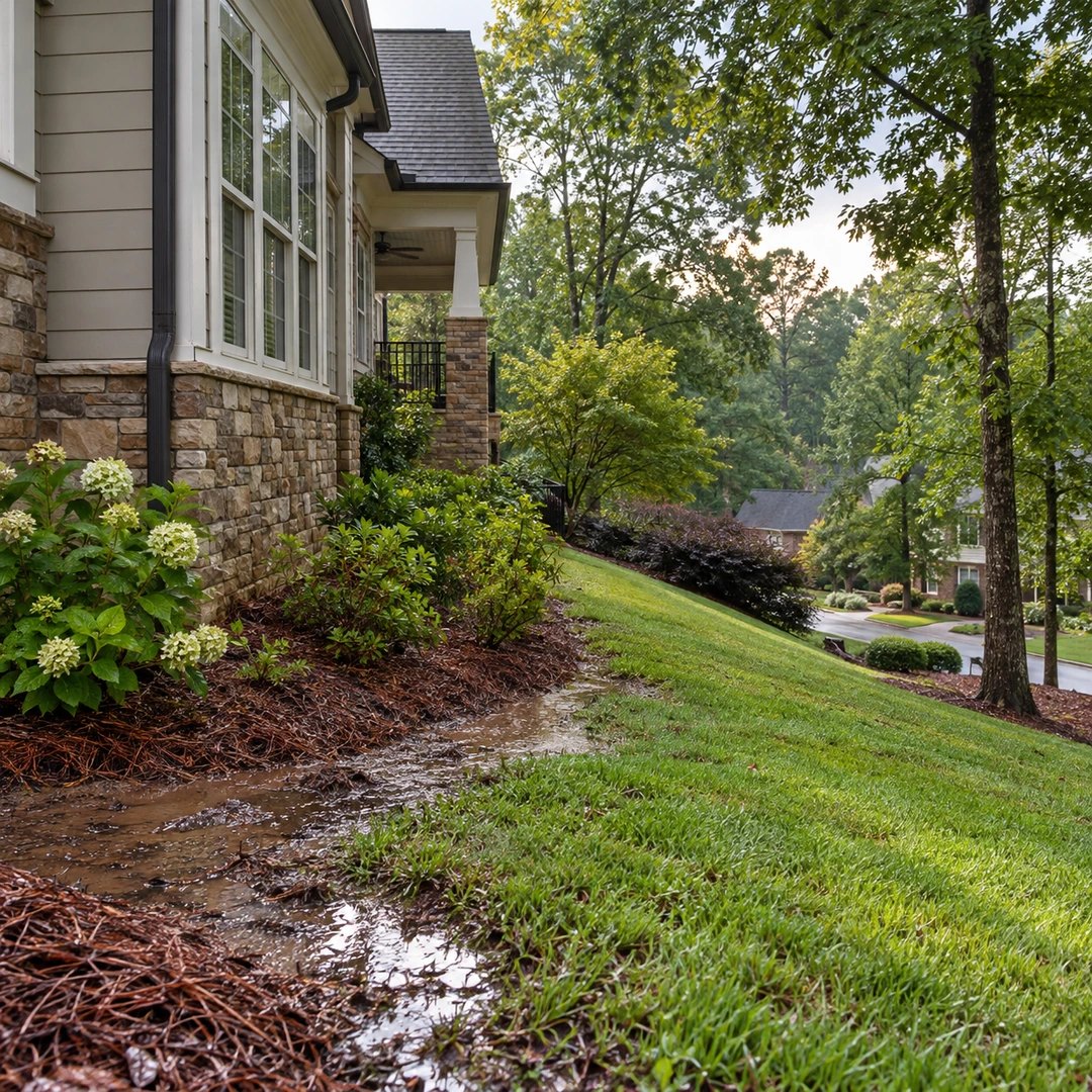 wide suburban Georgia house exterior with wet ground near foundation and downhill lawn access
