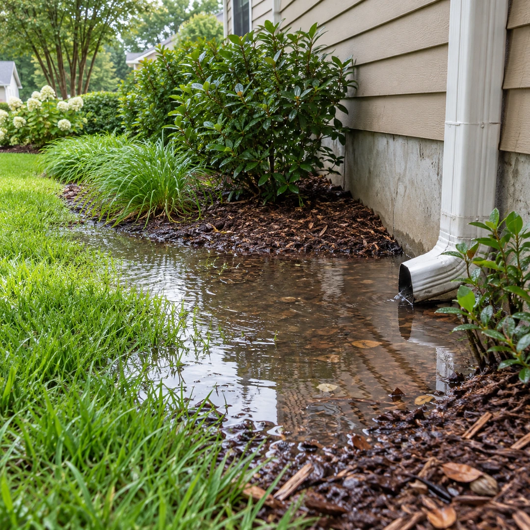 rainwater pooling near a suburban house foundation beside garden mulch and downspout
