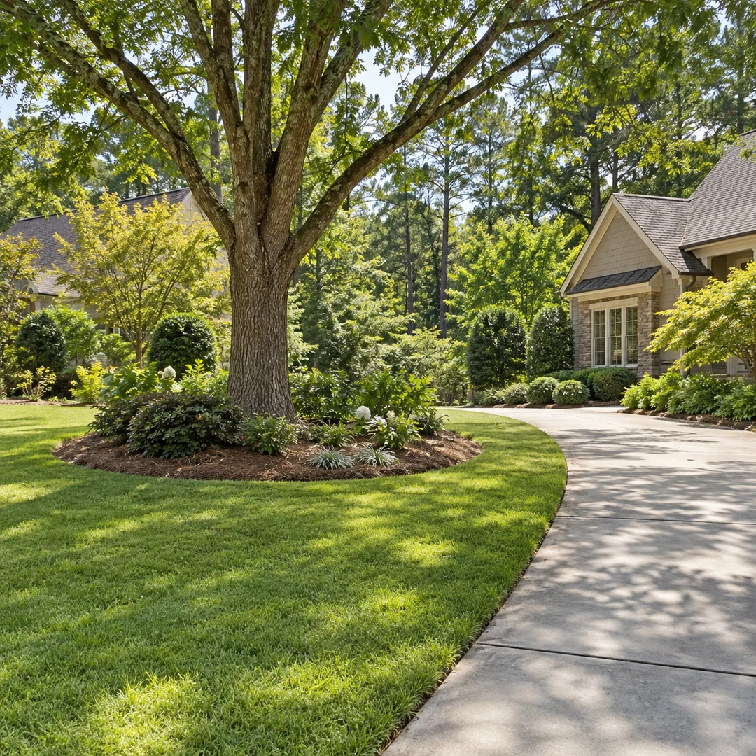 wide suburban yard with mature tree near driveway showing access and property boundaries