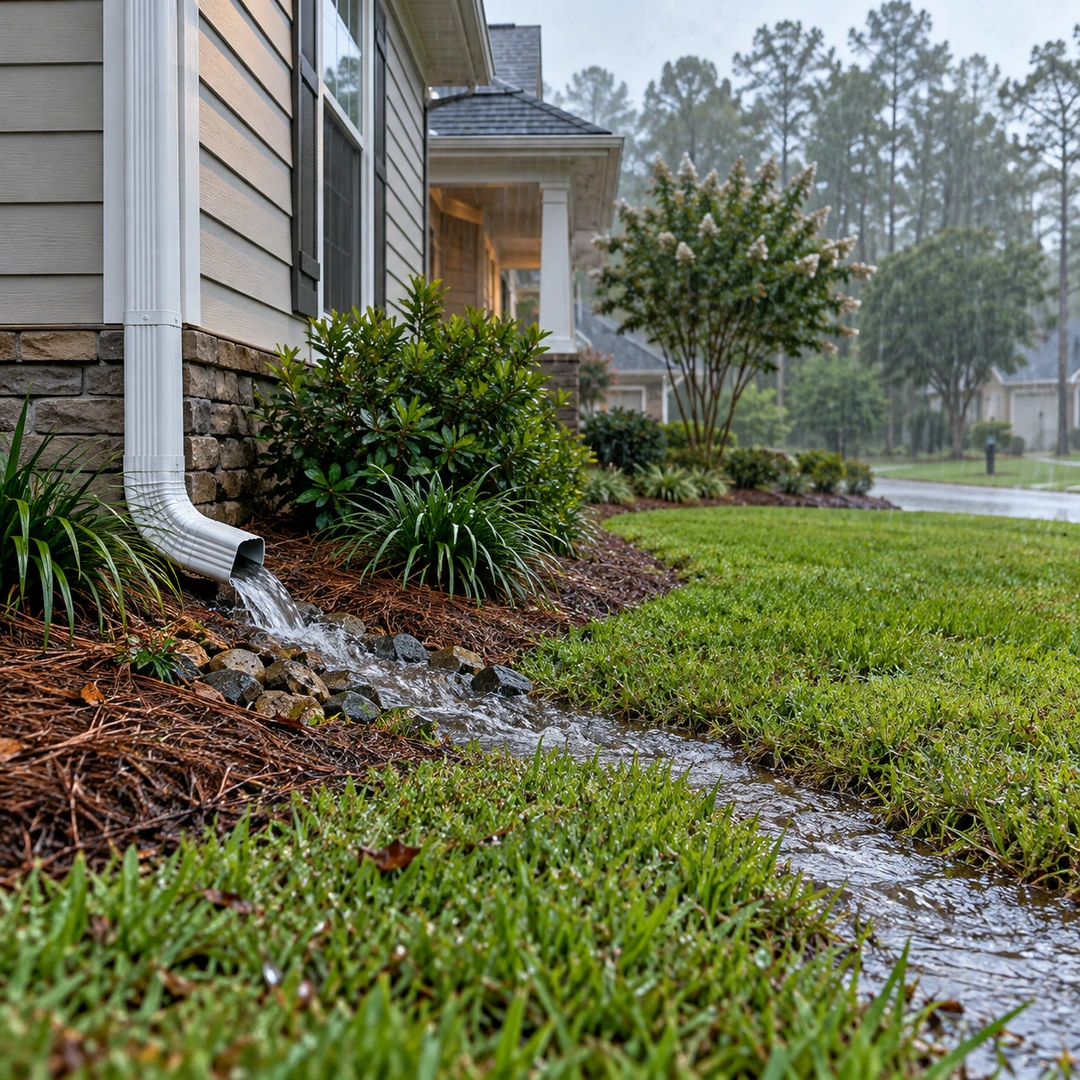 suburban house during light rain with visible water flowing away through lawn drainage route