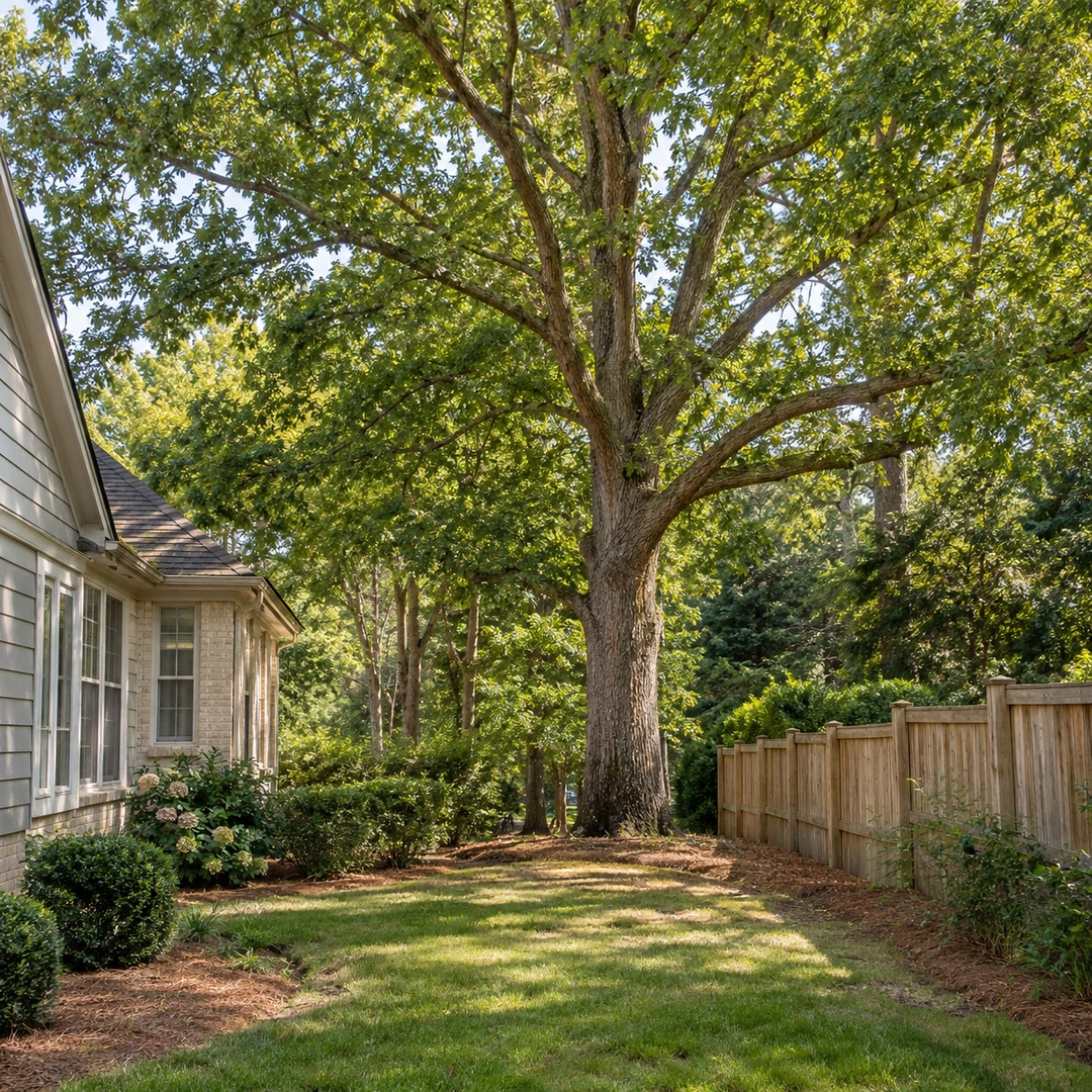 large mature Georgia backyard tree near house and fence with clear access for removal planning